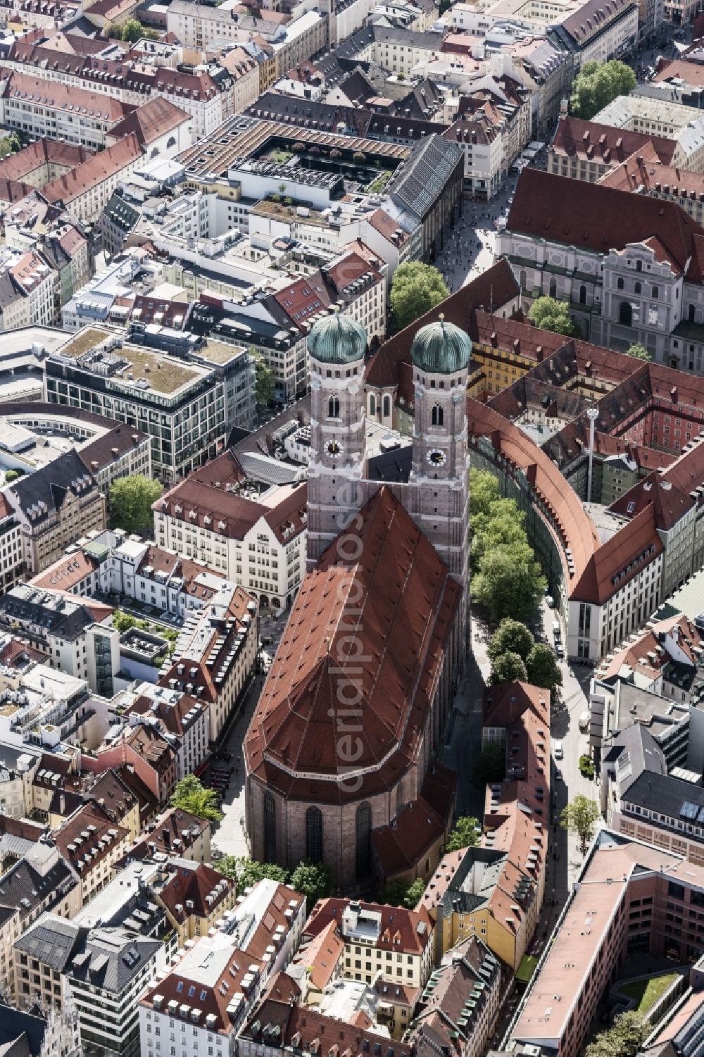 München from above - Church building of the Frauenkirche in the old town in Munich in the state Bavaria, Germany