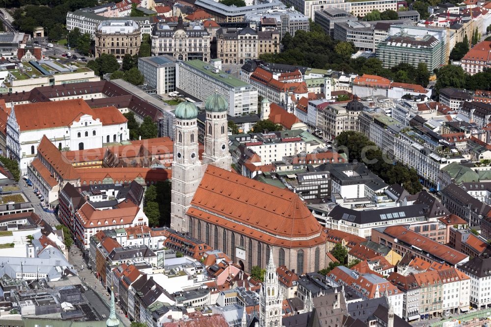 Aerial image München - Church building of the Frauenkirche in the old town in Munich in the state Bavaria, Germany