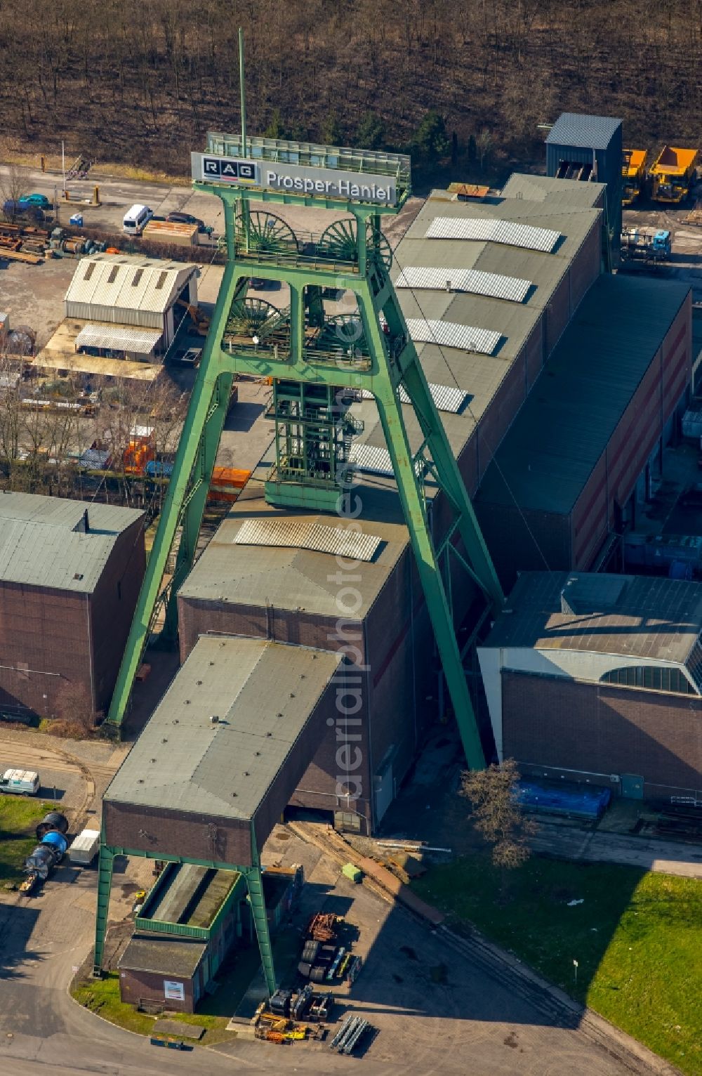 Oberhausen from above - Conveyors and mining pits to mine Prosper Haniel in Oberhausen in North Rhine-Westphalia. Operator is the RAG German hard coal AG