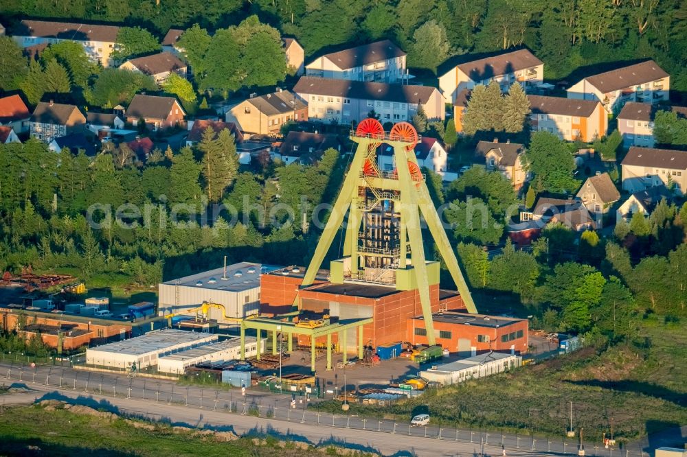 Aerial image Bergkamen - Conveyors and mining pits at the headframe Haus Aden on Rotherbachstrasse in Bergkamen in the state North Rhine-Westphalia, Germany