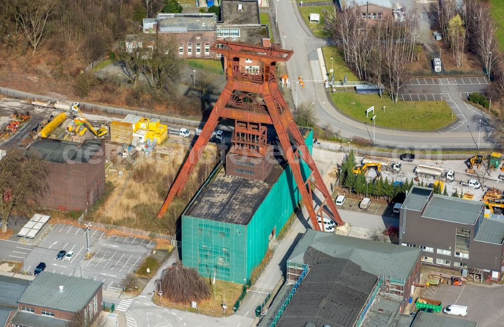 Herne from above - Conveyors and mining pits at the headframe Zeche Pluto in Wanne-Eickel in the state North Rhine-Westphalia