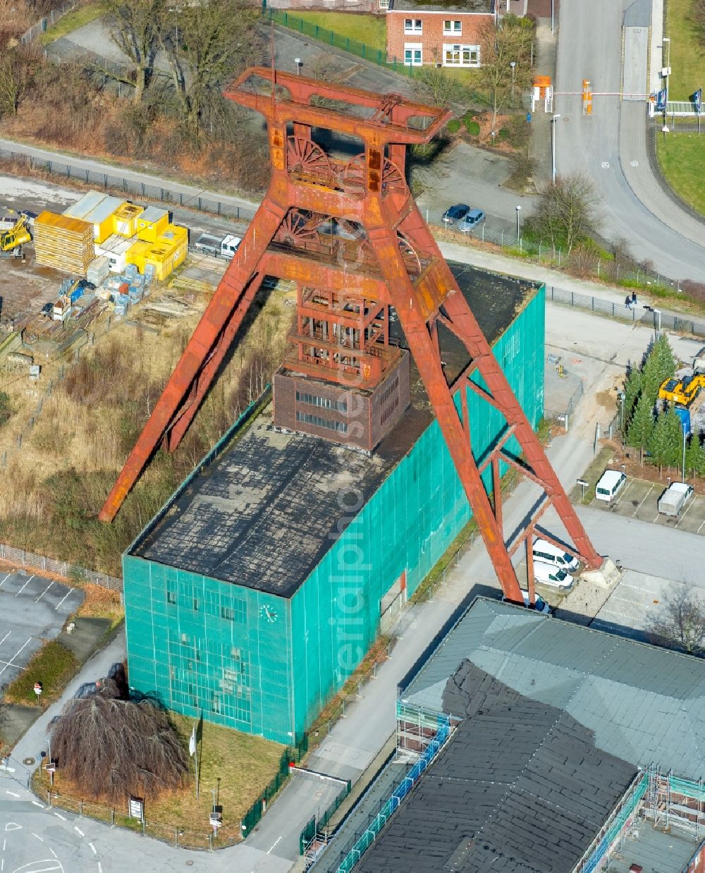 Aerial image Herne - Conveyors and mining pits at the headframe Zeche Pluto in Wanne-Eickel in the state North Rhine-Westphalia