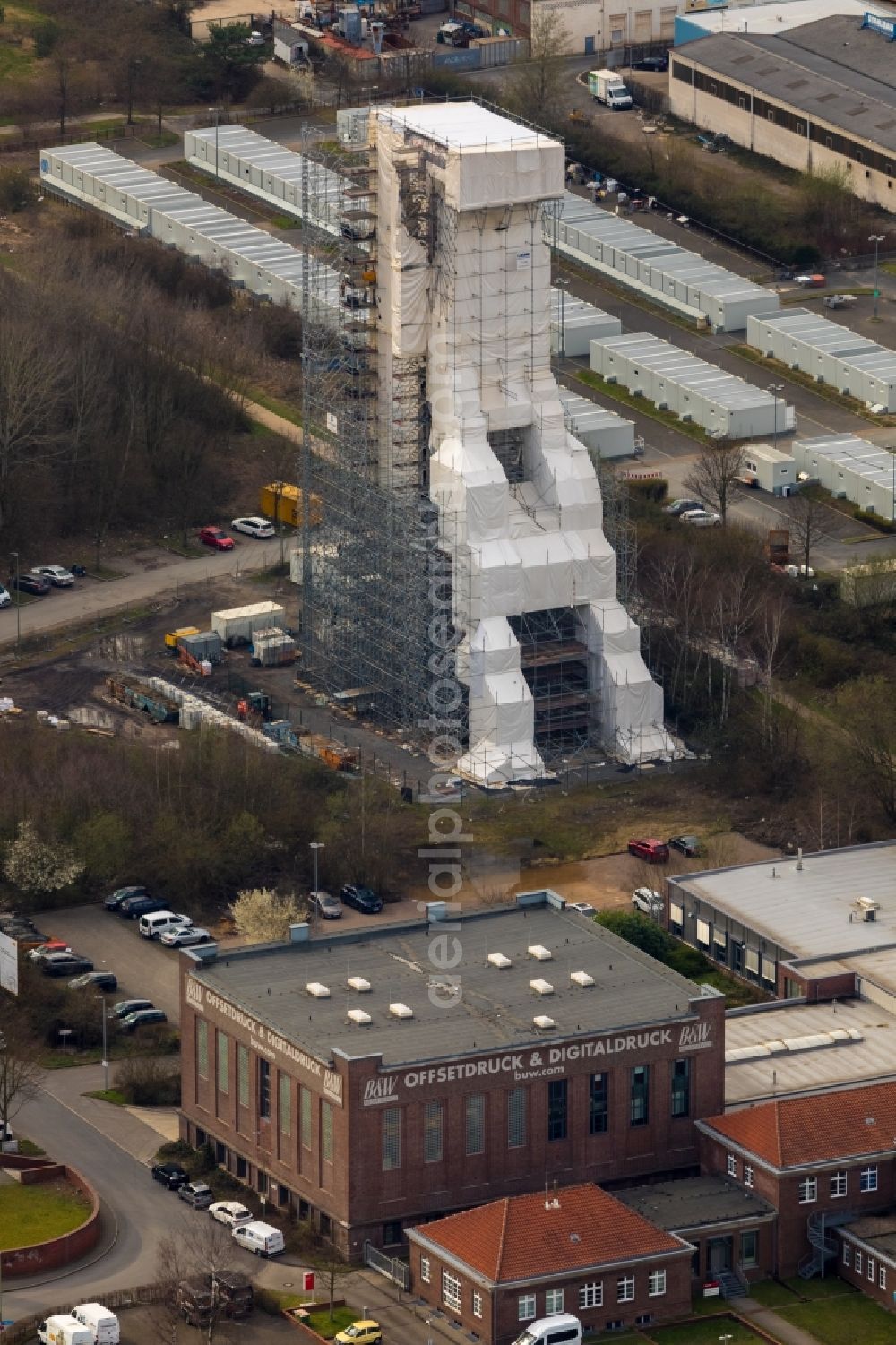 Aerial image Bochum - Conveyors and mining pits at the headframe of Zeche Holland in the district Wattenscheid in Bochum in the state North Rhine-Westphalia, Germany