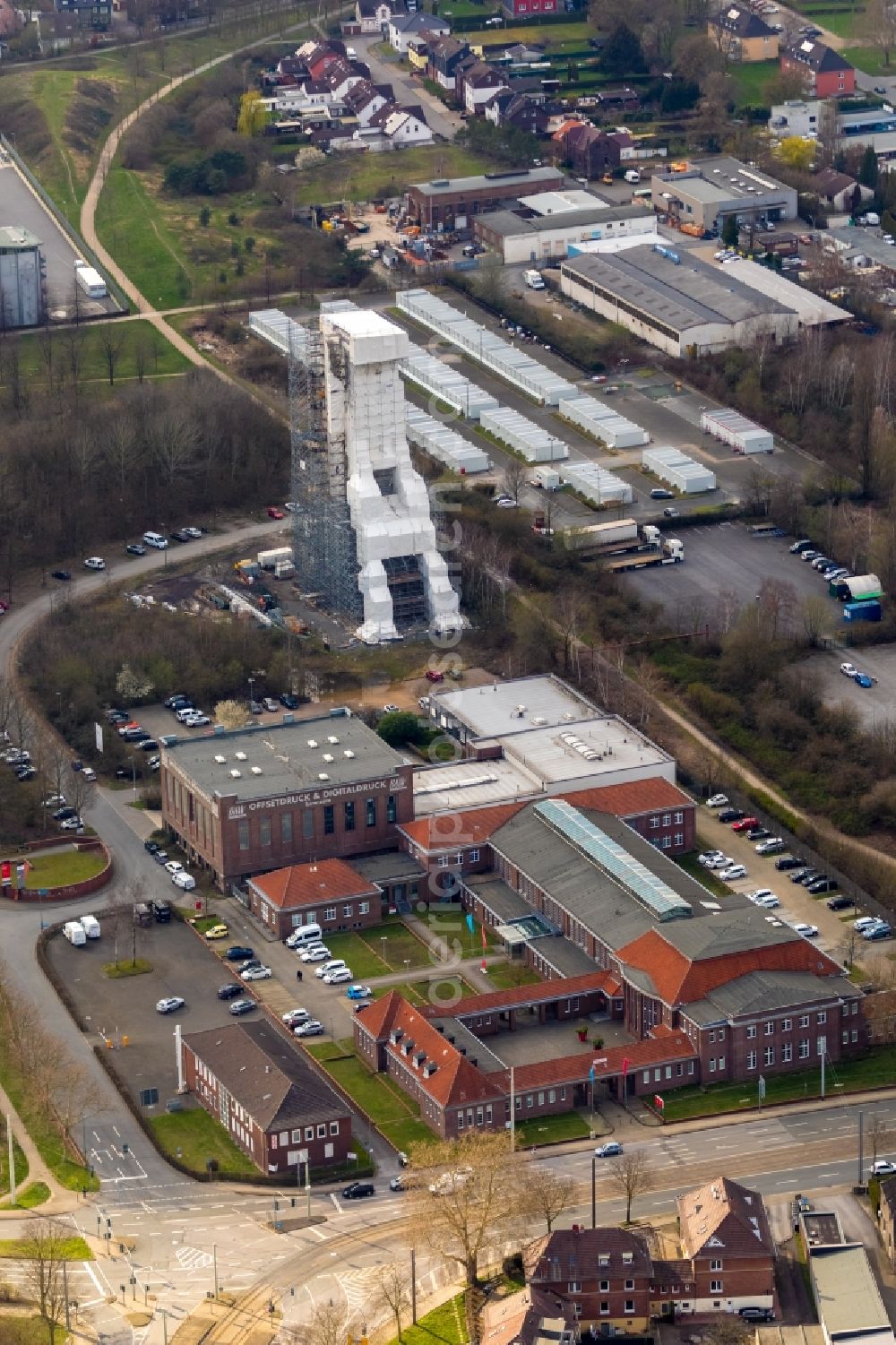 Bochum from above - Conveyors and mining pits at the headframe of Zeche Holland in the district Wattenscheid in Bochum in the state North Rhine-Westphalia, Germany