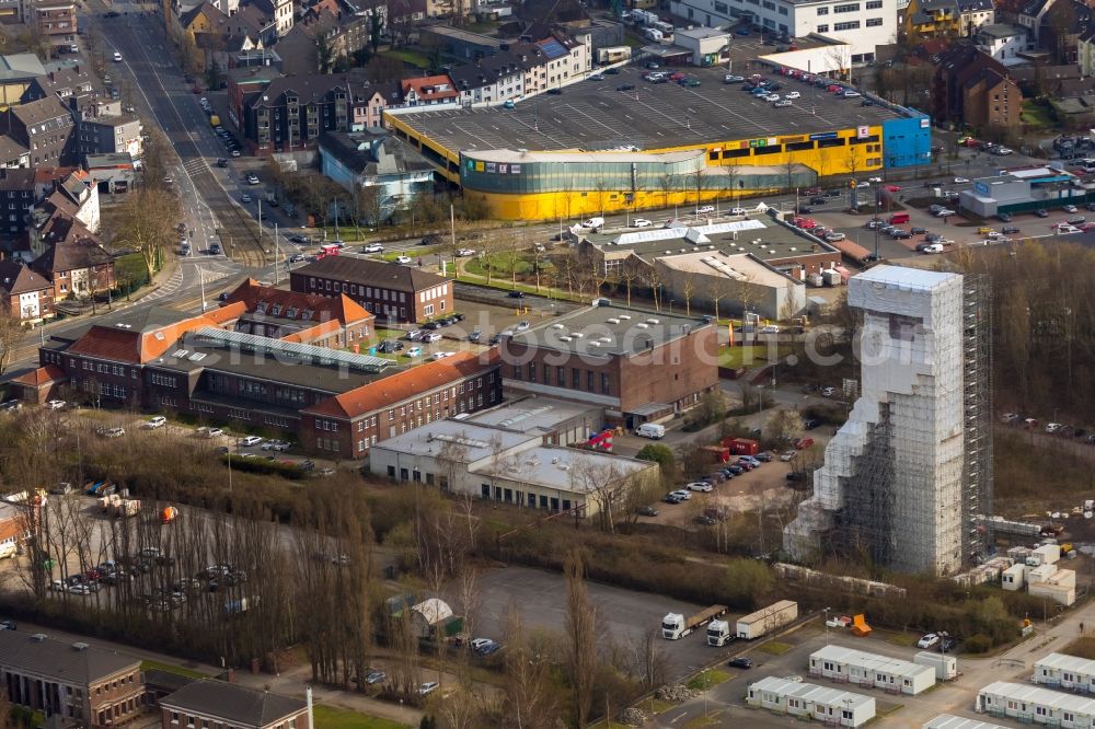 Aerial image Bochum - Conveyors and mining pits at the headframe of Zeche Holland in the district Wattenscheid in Bochum in the state North Rhine-Westphalia, Germany