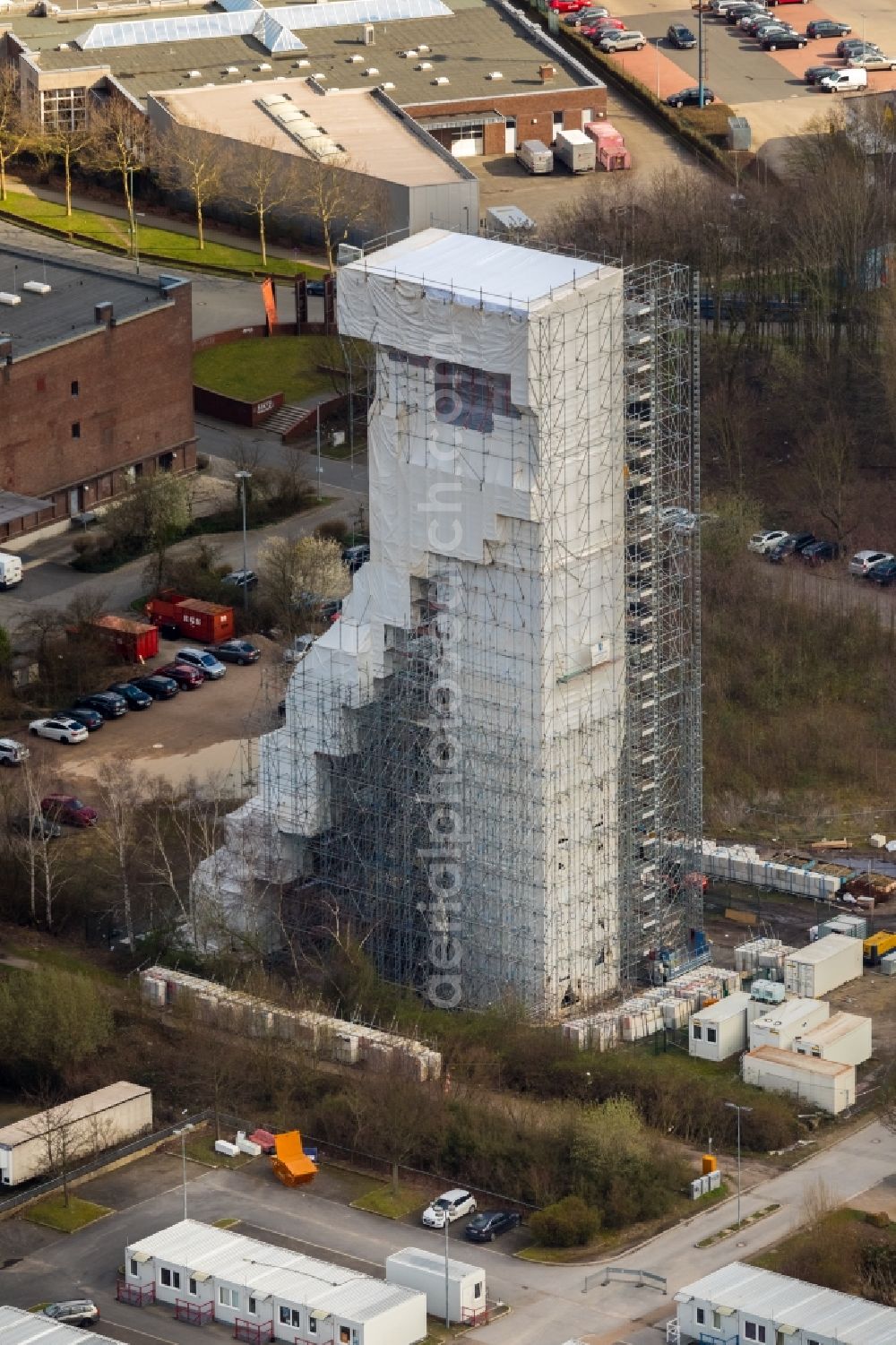 Bochum from above - Conveyors and mining pits at the headframe of Zeche Holland in the district Wattenscheid in Bochum in the state North Rhine-Westphalia, Germany