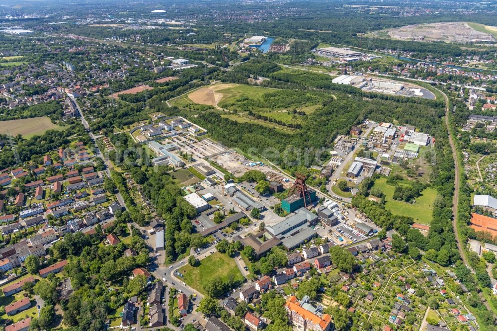 Herne from above - Conveyors and mining pits at the headframe of Zeche Pluto in the district Wanne-Eickel in Herne in the state North Rhine-Westphalia, Germany