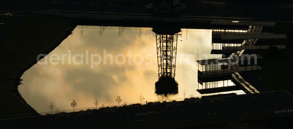 Dinslaken from above - Conveyors and mining pits at the headframe Bergwerk Lohberg in the district Ruhr Metropolitan Area in Dinslaken in the state North Rhine-Westphalia