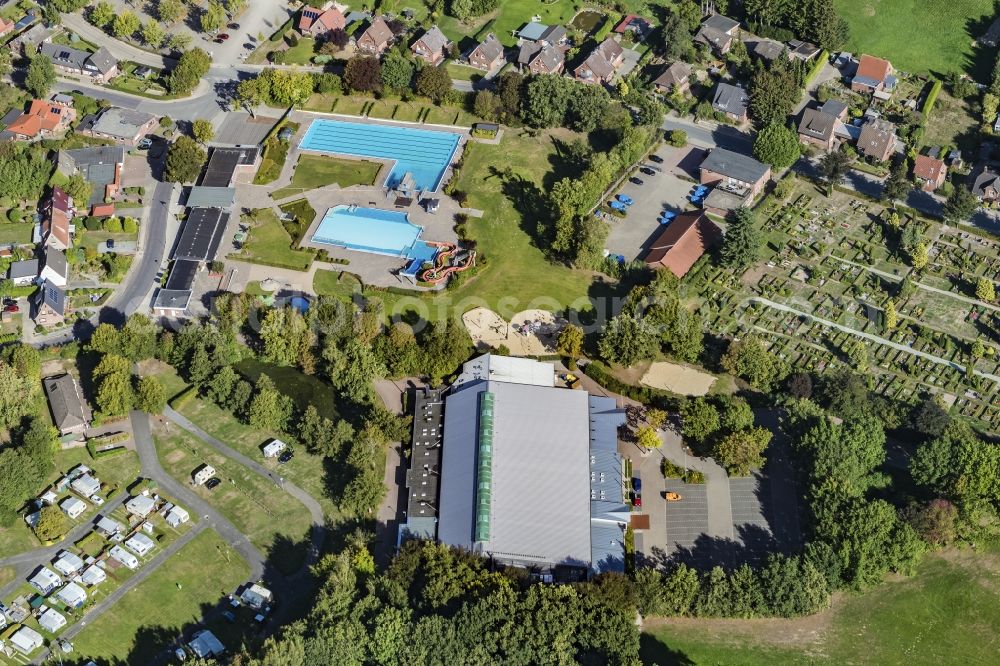 Harsefeld from above - Outdoor swimming pool, ice rink and cemetery in Harsefeld in the district of Stade in the state Lower Saxony, Germany