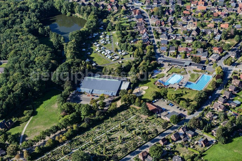 Harsefeld from the bird's eye view: Outdoor swimming pool, ice rink and cemetery in Harsefeld in the district of Stade in the state Lower Saxony, Germany