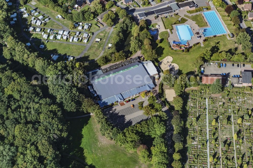 Aerial photograph Harsefeld - Outdoor swimming pool, ice rink and cemetery in Harsefeld in the district of Stade in the state Lower Saxony, Germany