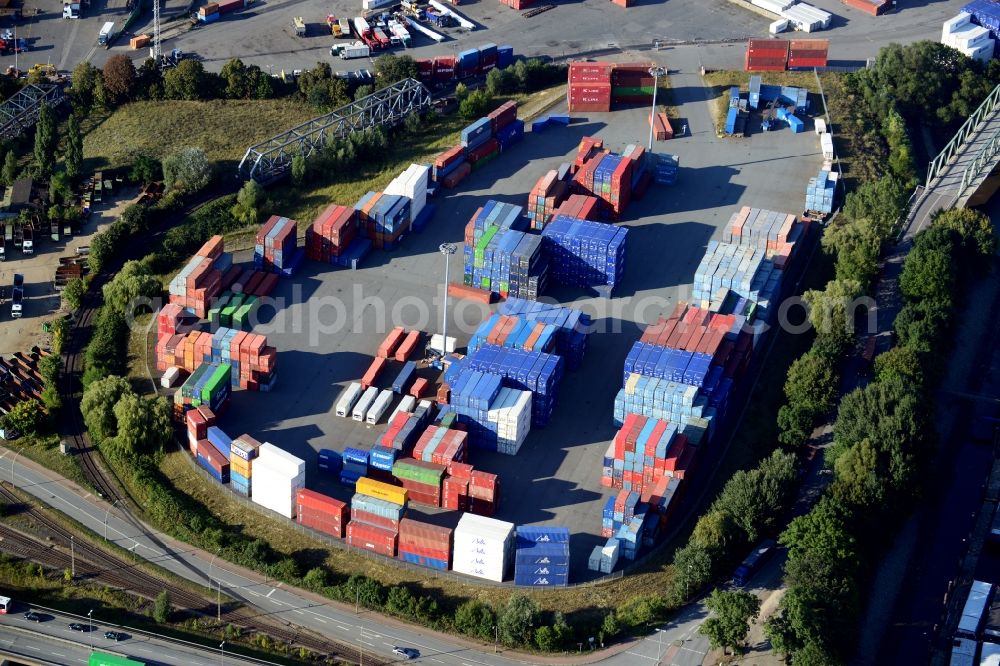 Aerial image Hamburg - Open space / container storage at Trave port in Hamburg-Mitte / Steinwerder. A project of the Hamburg Port Authority HPA