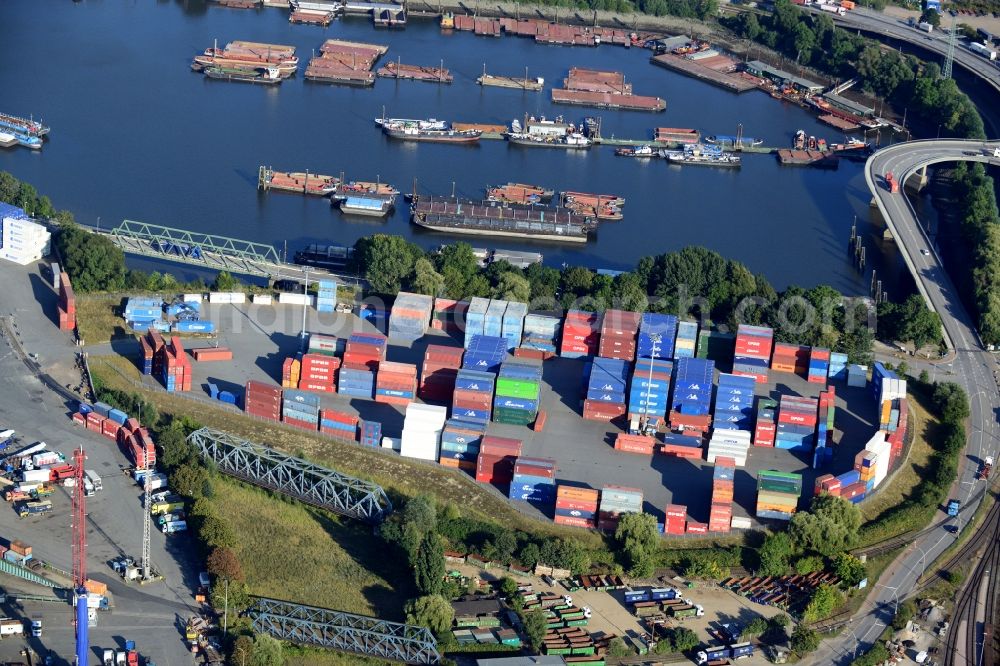 Hamburg from above - Open space / container storage at Trave port in Hamburg-Mitte / Steinwerder. A project of the Hamburg Port Authority HPA