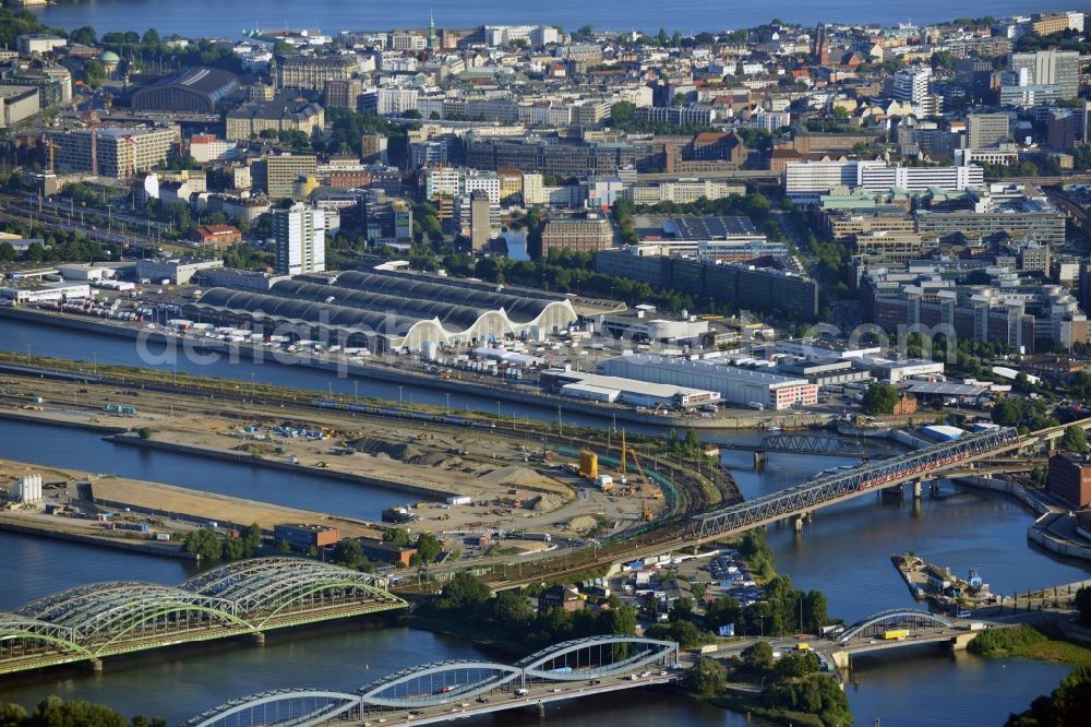 Aerial image Hamburg - View of the Freihafen-Elbrücke and the railway bridges. The Freihafen-Elbrücke was completed in 1929, because the free port required a structually separated crossing of the Elbe. The bridges are of great importance for the Hanseatic city, as they ensure the transport and traffic connection of Hamburg on the Elbe