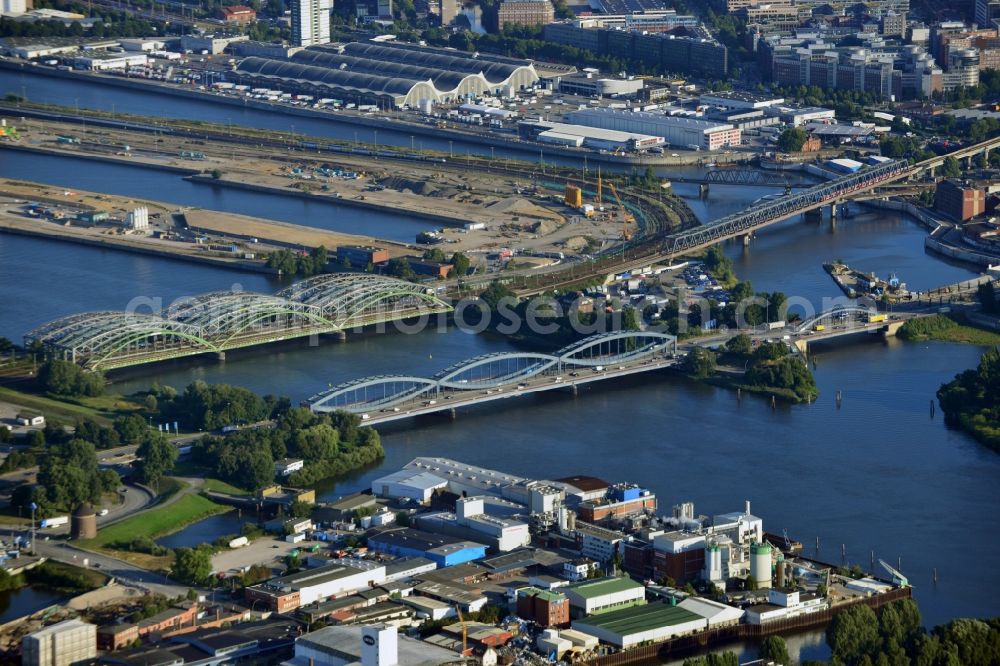 Aerial photograph Hamburg - View of the Freihafen-Elbrücke and the railway bridges. The Freihafen-Elbrücke was completed in 1929, because the free port required a structually separated crossing of the Elbe. The bridges are of great importance for the Hanseatic city, as they ensure the transport and traffic connection of Hamburg on the Elbe