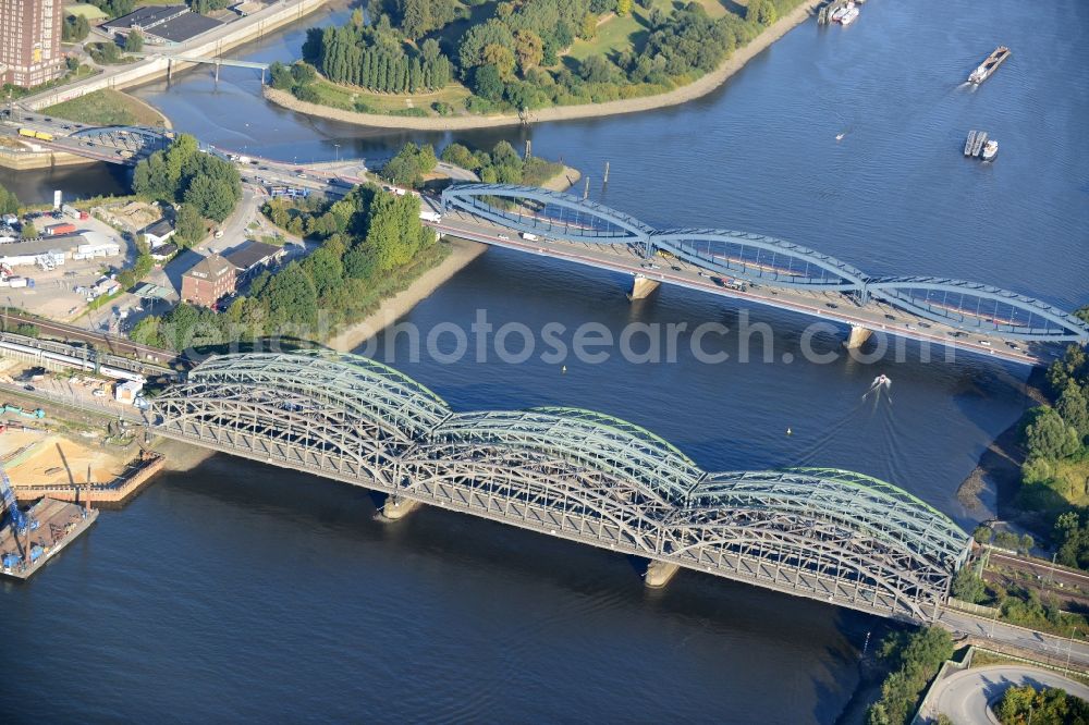 Aerial image Hamburg - Bridge Freihafenelbbruecke and Neu Elbbruecke in Hamburg-Mitte / Kleiner Grasbrook. A project of the Hamburg Port Authority HPA