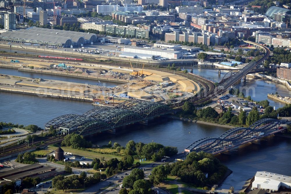 Hamburg from above - Bridge Freihafenelbbruecke and Neu Elbbruecke in Hamburg-Mitte / Kleiner Grasbrook. A project of the Hamburg Port Authority HPA