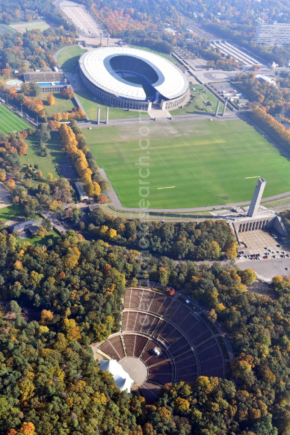 Berlin from above - Open-air stage of the Waldbuehne Berlin on Glockenturmstrasse in Berlin in Germany