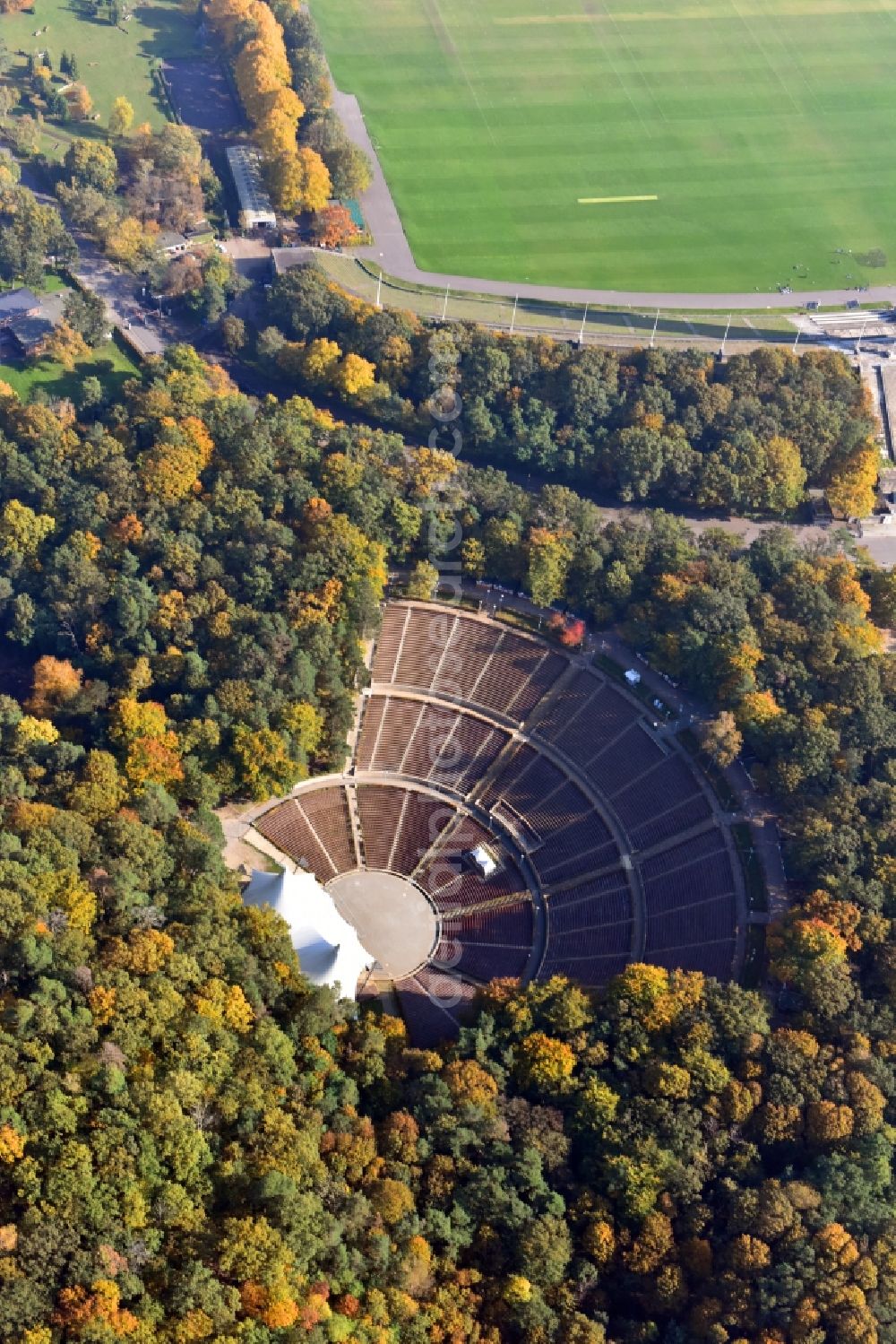 Berlin from the bird's eye view: Open-air stage of the Waldbuehne Berlin on Glockenturmstrasse in Berlin in Germany