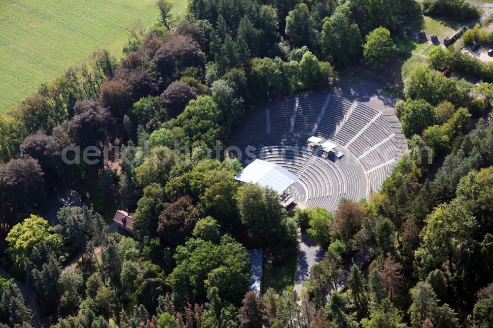 Kamenz from above - Construction of the building of the open-air theater Hutbergbuehne in Kamenz in the state Saxony, Germany