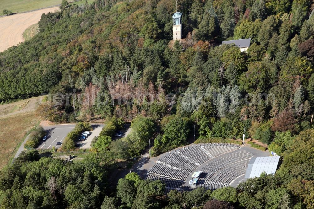 Kamenz from the bird's eye view: Construction of the building of the open-air theater Hutbergbuehne in Kamenz in the state Saxony, Germany