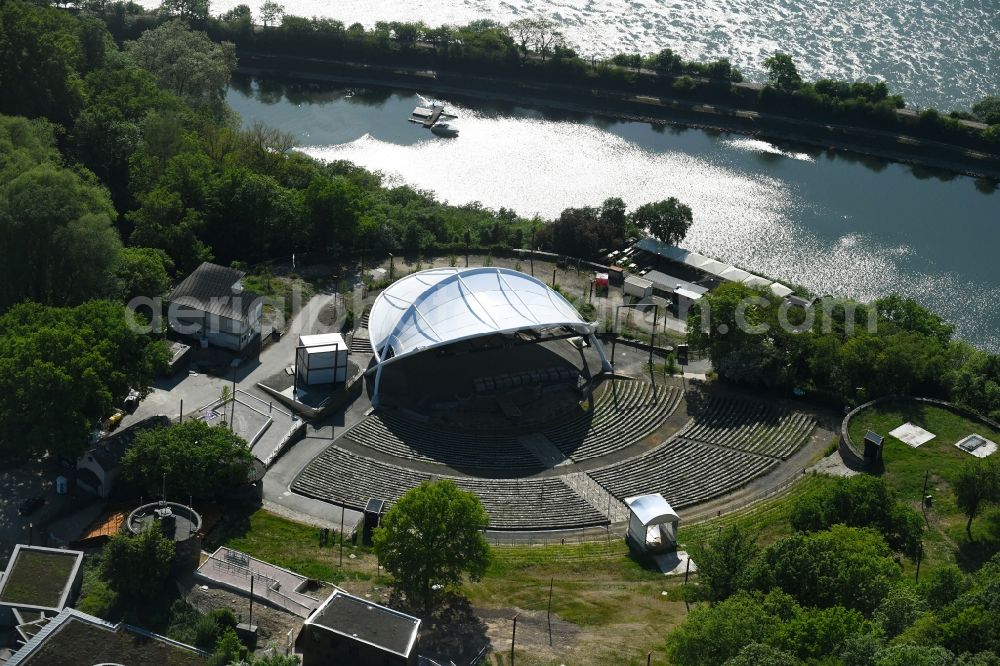 Goarshausen from the bird's eye view: Construction of the building of the open-air theater on Loreleyring in Goarshausen in the state Rhineland-Palatinate, Germany