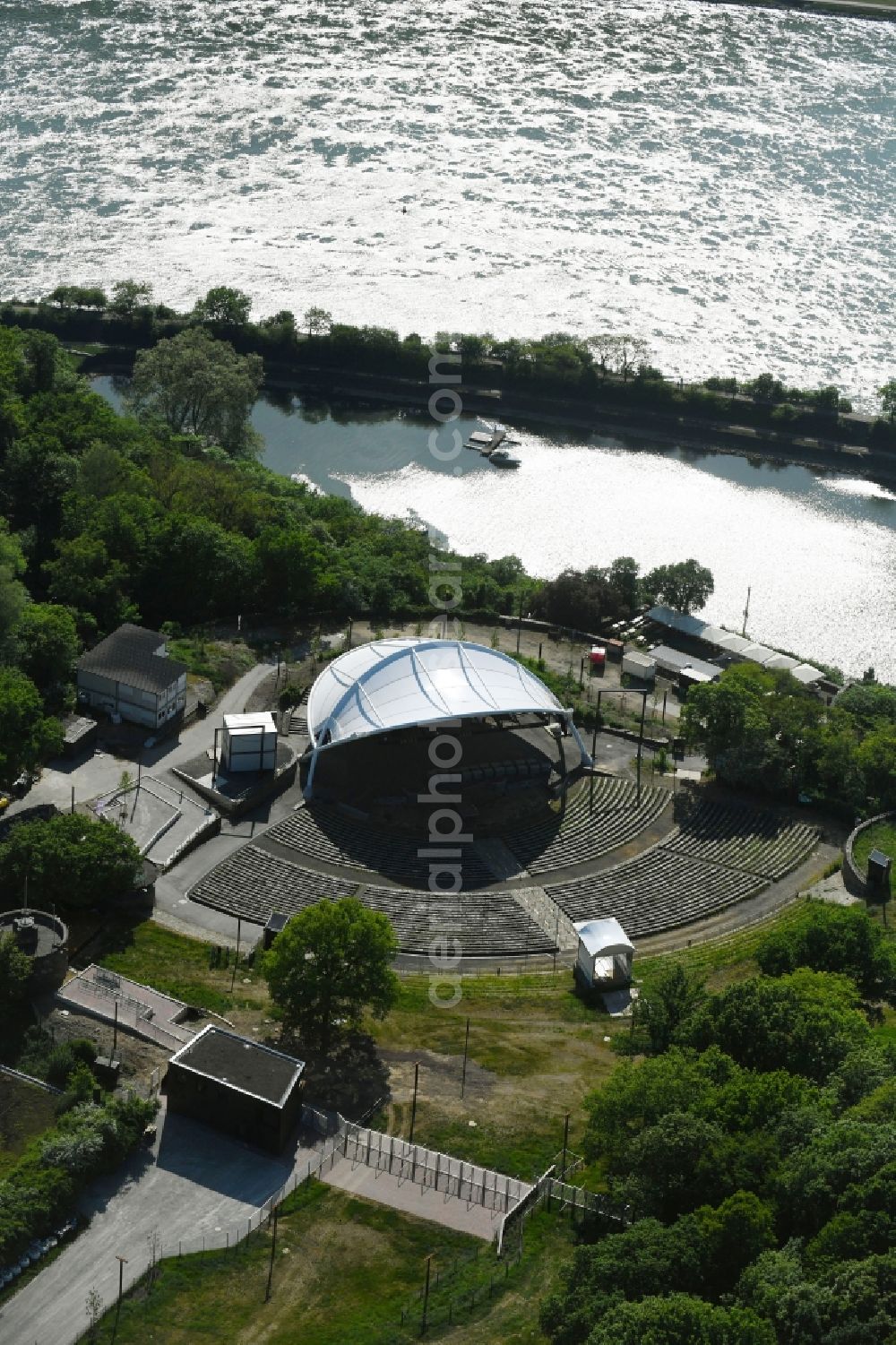 Aerial image Goarshausen - Construction of the building of the open-air theater on Loreleyring in Goarshausen in the state Rhineland-Palatinate, Germany