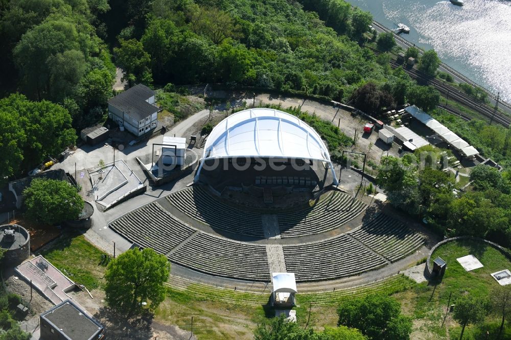 Goarshausen from the bird's eye view: Construction of the building of the open-air theater on Loreleyring in Goarshausen in the state Rhineland-Palatinate, Germany