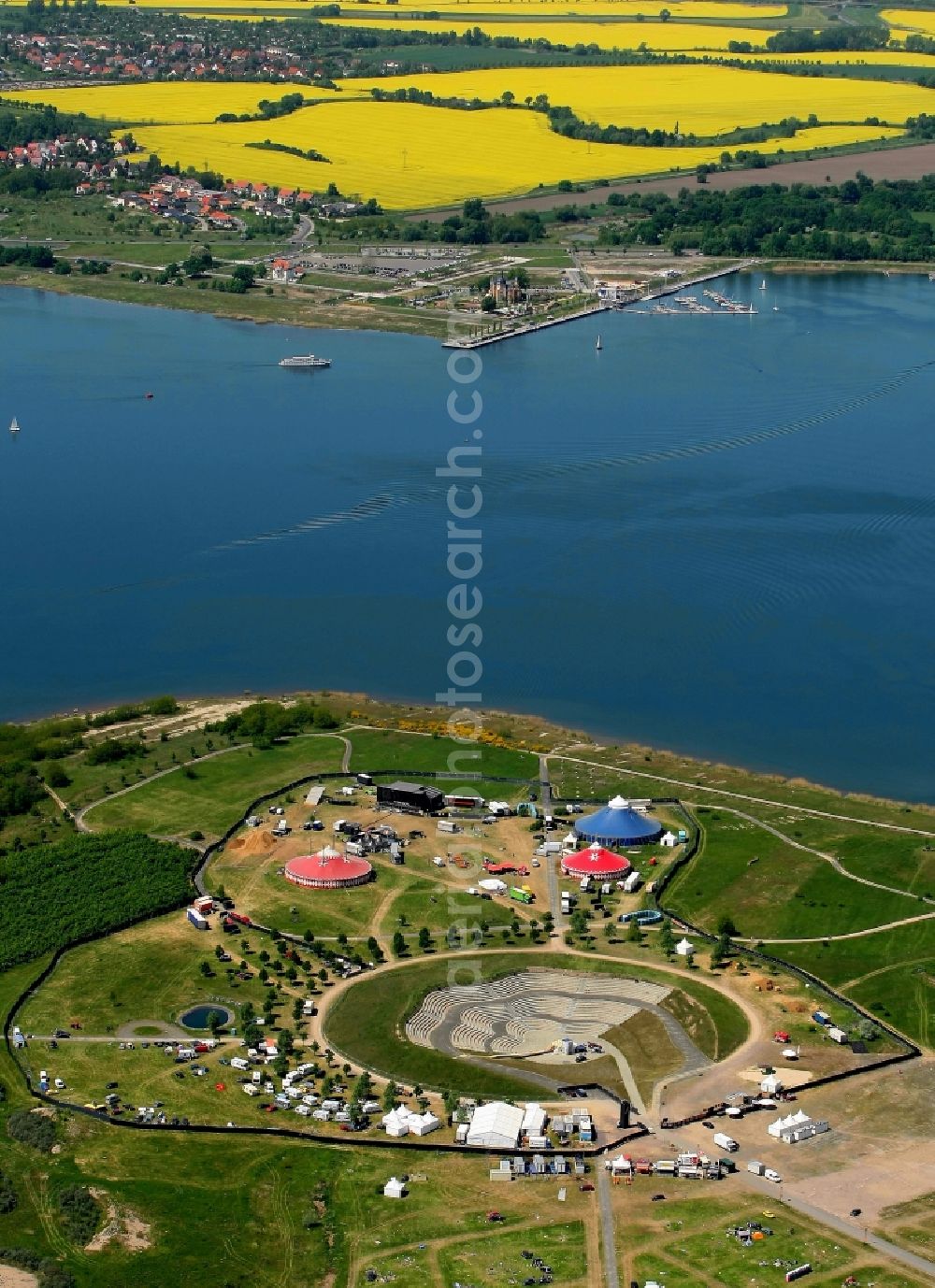 Aerial image Pouch - Construction of the building of the open-air theater Sputnik Spring Break Muldestausee in Pouch in the state Saxony-Anhalt, Germany