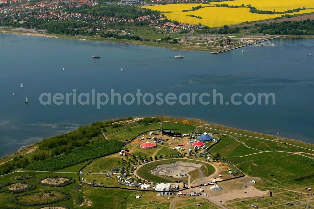 Pouch from above - Construction of the building of the open-air theater Sputnik Spring Break Muldestausee in Pouch in the state Saxony-Anhalt, Germany