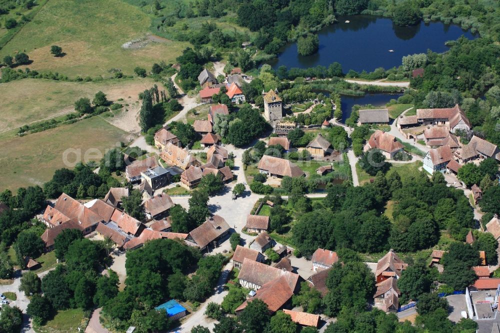 Ungersheim from above - Amusement and leisure park in the Ecomusee Ungersheim in France in Alsace is an outdoor museum with half-timbered houses, pets and historic craft