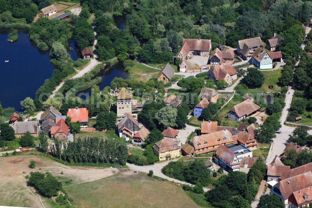 Ungersheim from the bird's eye view: Amusement and leisure park in the Ecomusee Ungersheim in France in Alsace is an outdoor museum with half-timbered houses, pets and historic craft