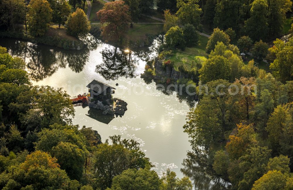 Isselburg from above - Open-air restaurant Schweizer Haeuschen on the lake at Pferdehorster Strasse in Isselburg in the federal state of North Rhine-Westphalia, Germany