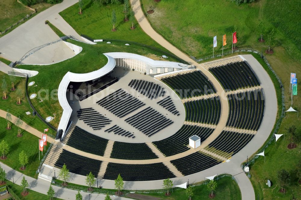 Aerial photograph Berlin - Visitor's centre at the main entrance of the IGA 2017 in the district of Marzahn-Hellersdorf in Berlin. The heart of the International garden exibition will be the Gaerten der Welt