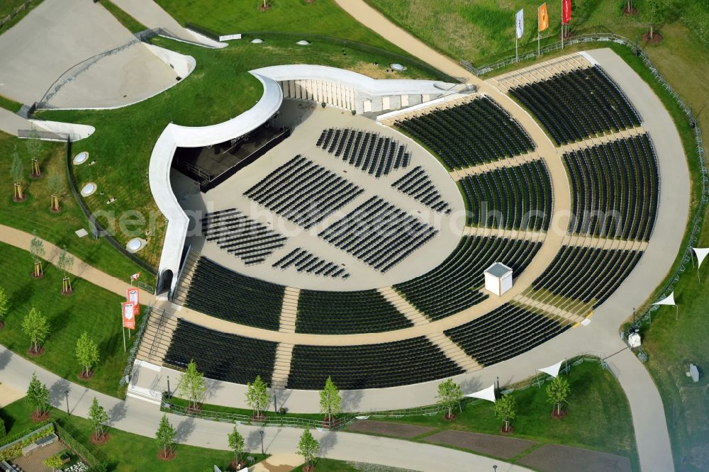 Berlin from above - Visitor's centre at the main entrance of the IGA 2017 in the district of Marzahn-Hellersdorf in Berlin. The heart of the International garden exibition will be the Gaerten der Welt