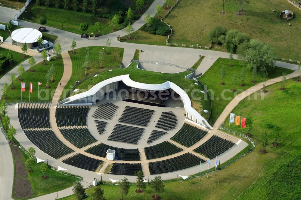 Berlin from the bird's eye view: Visitor's centre at the main entrance of the IGA 2017 in the district of Marzahn-Hellersdorf in Berlin. The heart of the International garden exibition will be the Gaerten der Welt