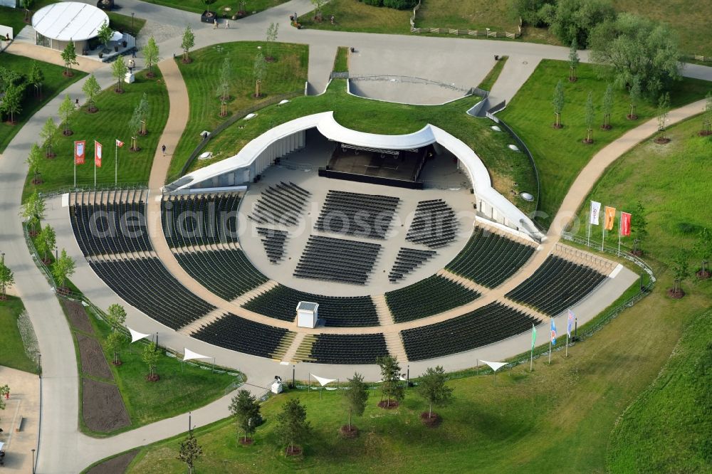 Aerial image Berlin - Visitor's centre at the main entrance of the IGA 2017 in the district of Marzahn-Hellersdorf in Berlin. The heart of the International garden exibition will be the Gaerten der Welt