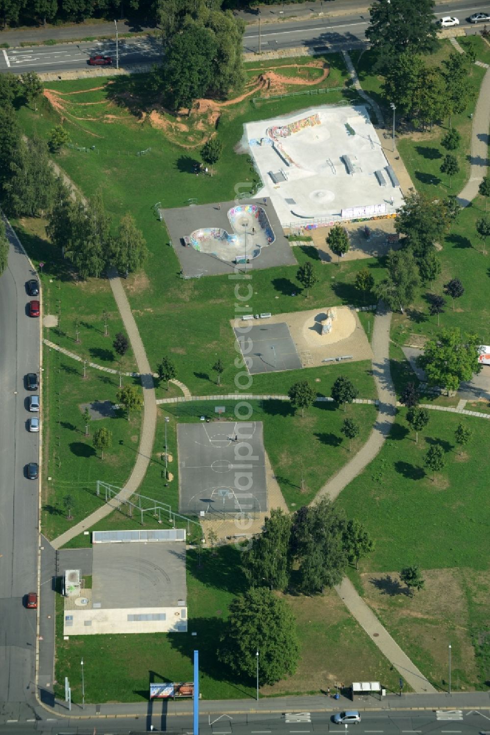 Chemnitz from above - Amusement Park Skatepark Konkordiapark in Chemnitz in the state Saxony