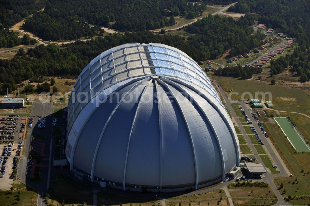 Aerial image Krausnick - Tthe amusement park Tropical Islands in the former Chargolifterhalle in Krausnick Half / in the state of Brandenburg. The former CargoLifter airship hangar (called Aerium) is the largest self-supporting hall in the earth