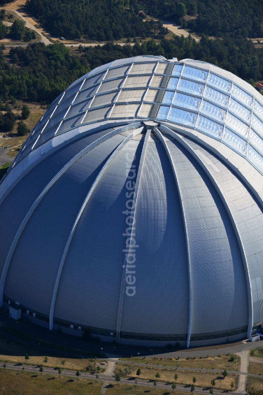 Krausnick from above - Tthe amusement park Tropical Islands in the former Chargolifterhalle in Krausnick Half / in the state of Brandenburg. The former CargoLifter airship hangar (called Aerium) is the largest self-supporting hall in the earth