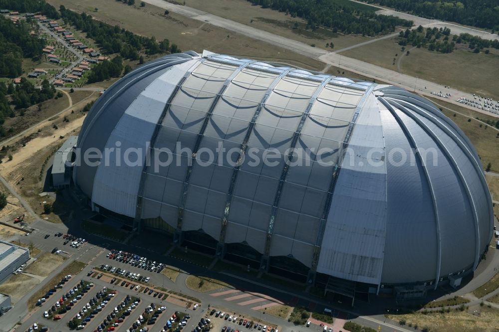 Halbe from above - Tthe amusement park Tropical Islands in the former Chargolifterhalle in Krausnick Half / in the state of Brandenburg. The former CargoLifter airship hangar (called Aerium) is the largest self-supporting hall in the earth