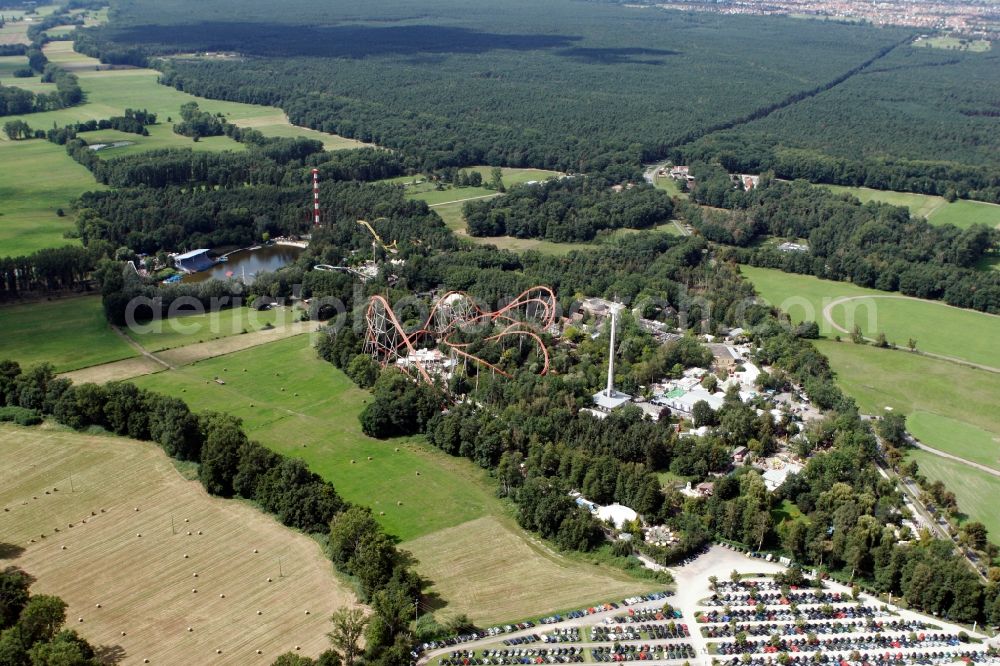 Aerial image Haßloch - Theme Park Holiday Park GmbH on the outskirts of forests and fields of Hassloch in the state of Rhineland-Palatinate