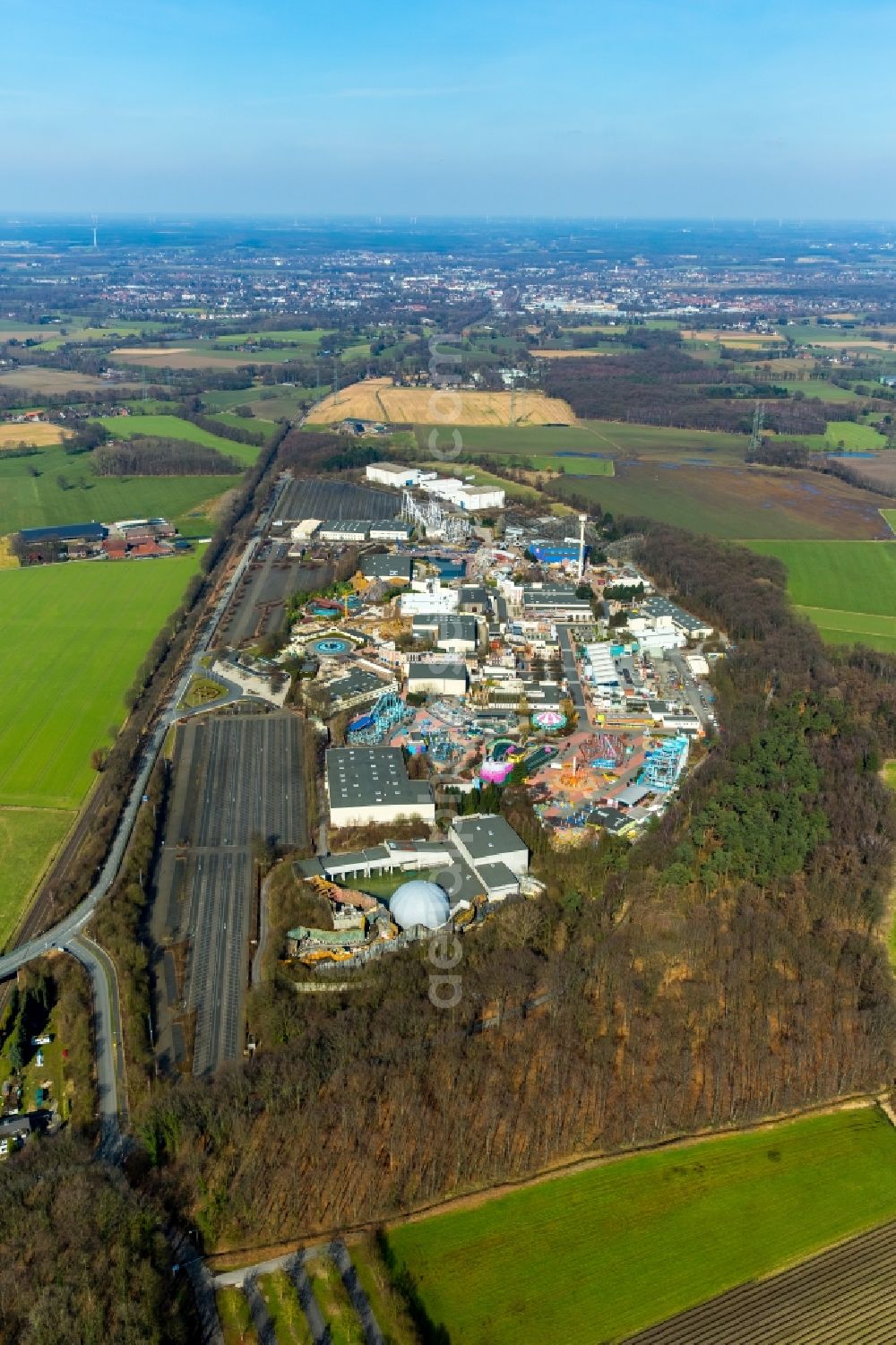 Kirchhellen from above - Fun Park Movie Park Germany in Kirchhellen in the state of North Rhine-Westphalia. The movie and film themed fun park is closed for the winter