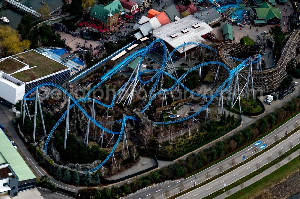 Aerial image Rust - Leisure Centre - Amusement Park Achtebahn Blue Fire in Europa-Park in Rust in the state Baden-Wuerttemberg, Germany