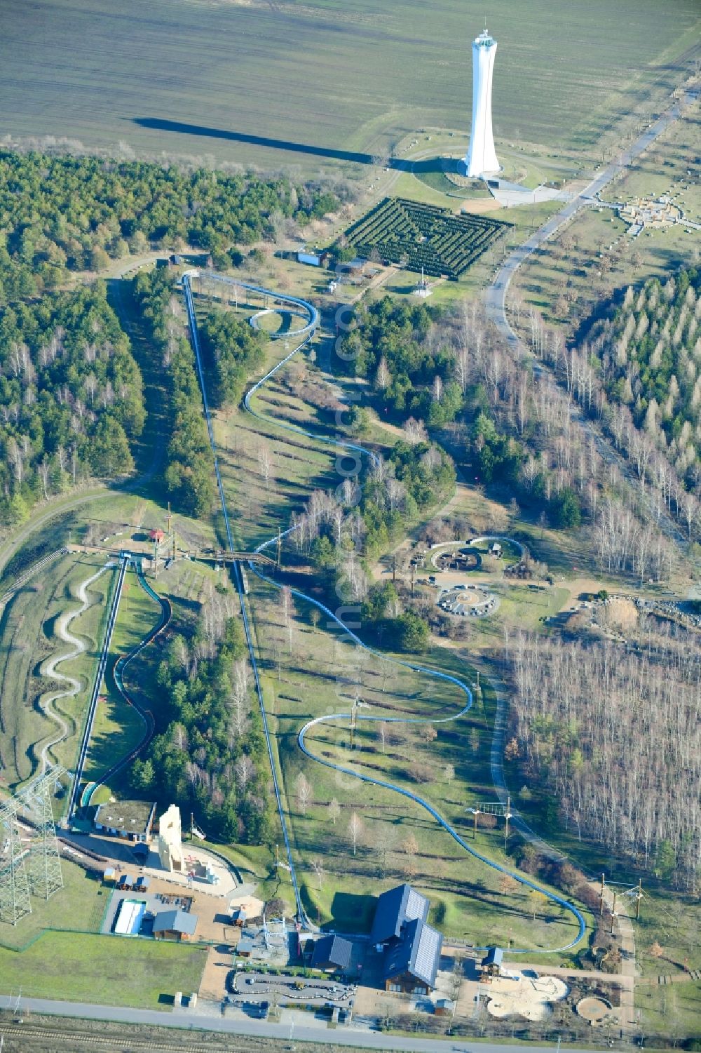 Teichland from the bird's eye view: Leisure Centre - Amusement Park Erlebnispark Teichland in Teichland in the state Brandenburg, Germany