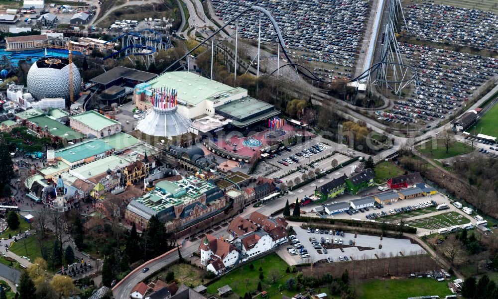 Rust from the bird's eye view: Leisure Centre - Amusement Park Europa-Park on street Europa-Park-Strasse in Rust in the state Baden-Wurttemberg, Germany