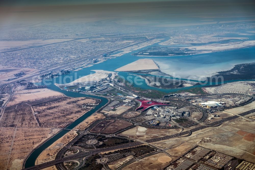 Aerial image Abu Dhabi - Leisure Centre - Amusement Park Ferrari World and Einkaufszentrum Yas Mall in Abu Dhabi in United Arab Emirates