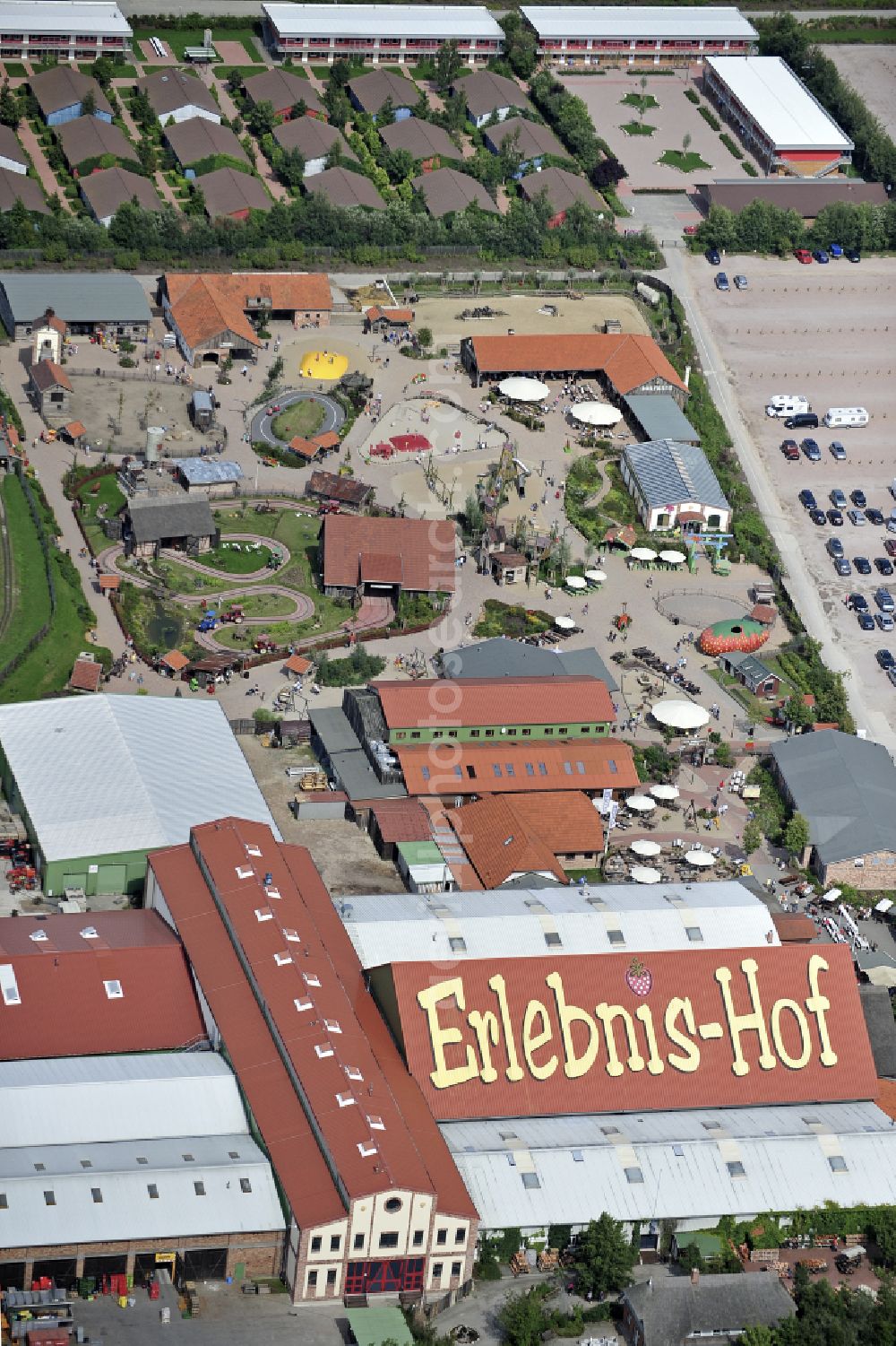 Rövershagen from above - Leisure Centre - Amusement Park Karls Erlebnis-Dorf on street Purkshof in Roevershagen in the state Mecklenburg - Western Pomerania, Germany