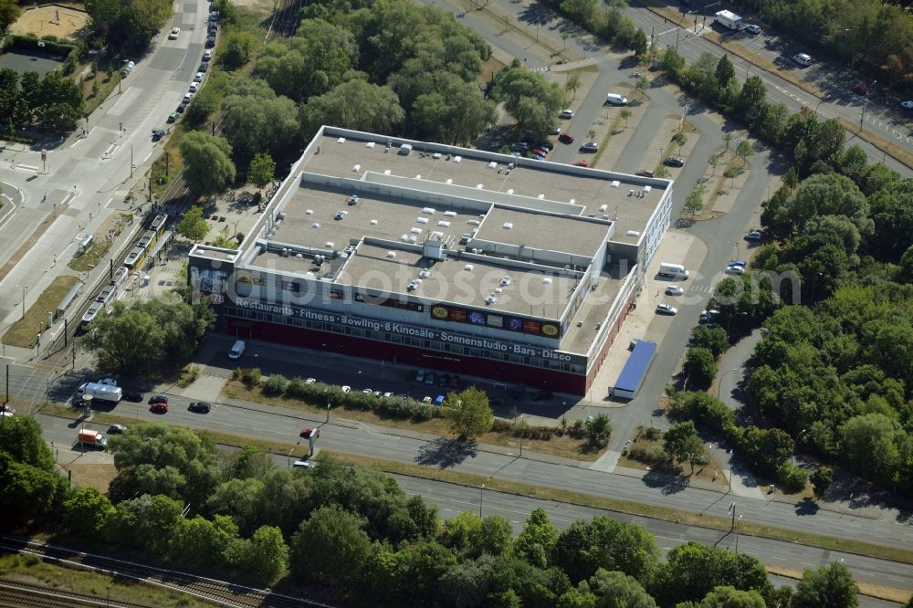 Berlin from the bird's eye view: Building of the cinema - movie theater UCI Am Eastgate in Berlin in Germany. Also based in this building is the American Bowl Berlin