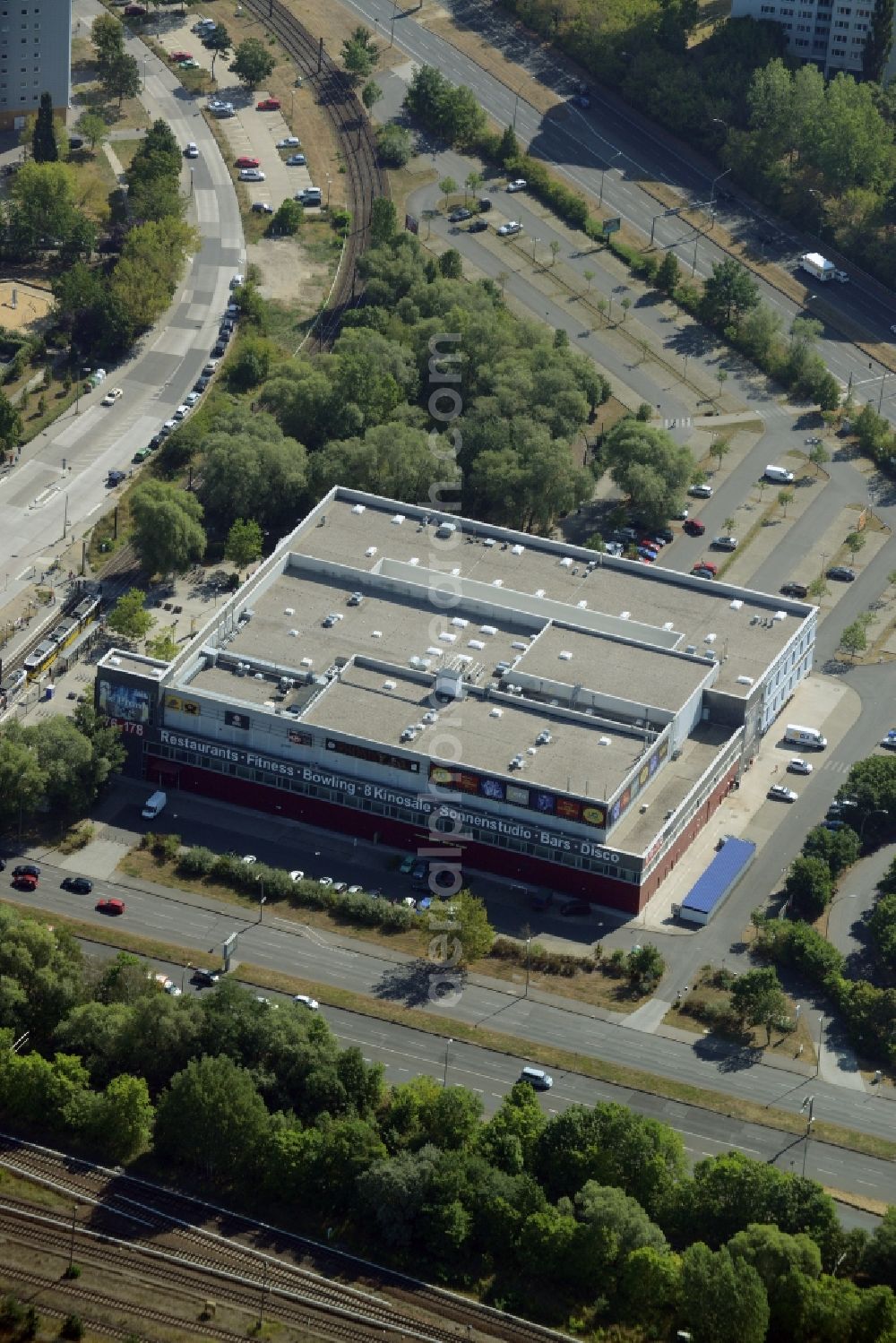 Aerial image Berlin - Building of the cinema - movie theater UCI Am Eastgate in Berlin in Germany. Also based in this building is the American Bowl Berlin